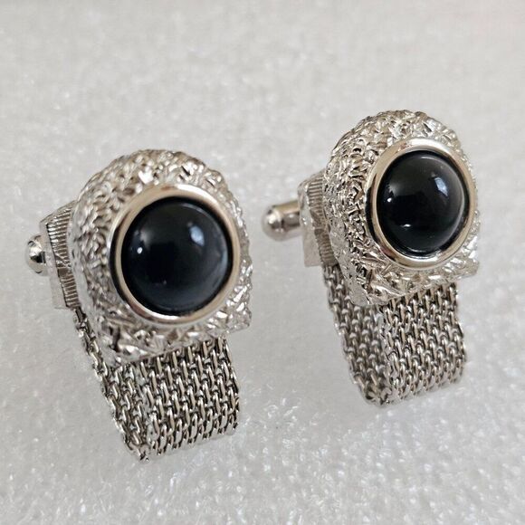 Vintage Swank Gray Moonglow Cabochon Silver Tone Mesh Wrap Around Mens Cufflinks - Picture 2 of 9
